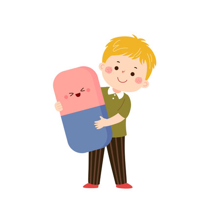 Vector cartoon little student boy with big eraser. Back to school conceptのイラスト素材