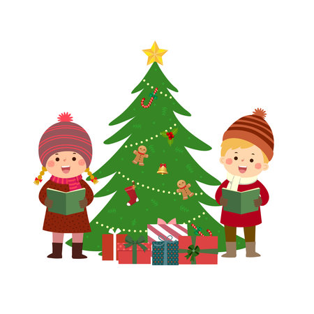 Happy kids singing Christmas Carols with Christmas treeのイラスト素材