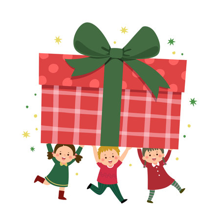 Happy children carrying a large gift box. Merry Christmas and Happy New Year cardのイラスト素材