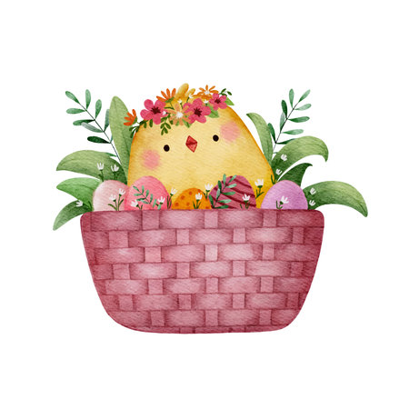 Easter chick with flower wreath in wicker basket with colored eggs and flowersのイラスト素材