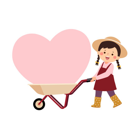 Cartoon little girl pushing wheelbarrow with pink big heart. Valentines Day concept.のイラスト素材