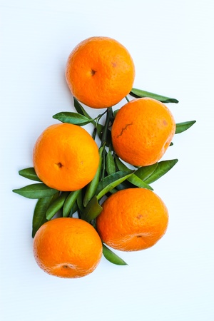ripe orange with leaves on white background の写真素材