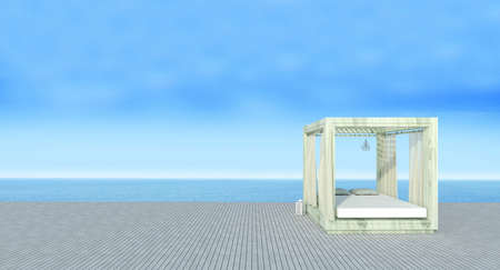 Beach lounge with wedding of sundeck on sea view for vacation summer and blue sky background-3d renderingの写真素材