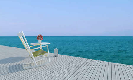 Beach lounge with sundeck on sea view and blue sky background for vacation summer-3d renderingの写真素材