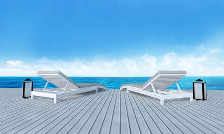 Beach lounge with sundeck on Sea view for vacation summer and blue sky background-3d renderingの写真素材