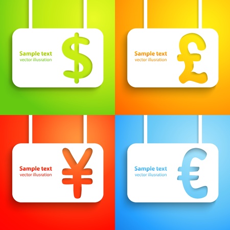 Paper currency signs - dollar, euro, yen and pound money symbol  Green, orange, red and blue color background  With place for text  Funny icons のイラスト素材
