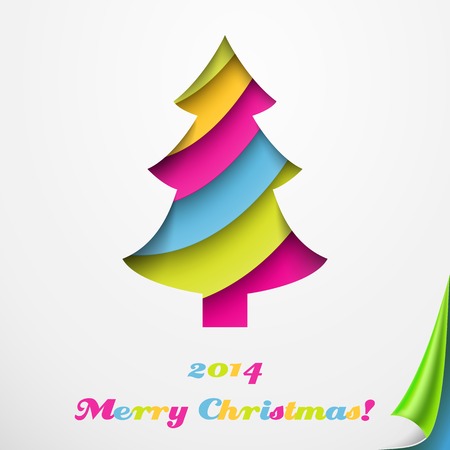 Colorful Merry Christmas greeting card with tree. Vector illustration for your holiday presentation. Postcard picture. For greeting, invitation. Applique cut from paper. Happy New Year.のイラスト素材