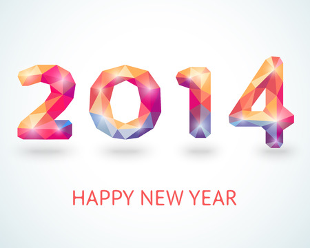 Happy New Year 2014 colorful greeting card made in polygonal origami style. Vector illustration for holiday design. Party poster, banner or invitations. Number formed by triangles with lights.のイラスト素材