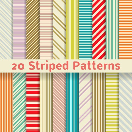 20 Retro striped vector seamless patterns  tiling   Textures for wallpaper, fills, web page background, surface  Set of monochrome geometric ornaments  Yellow, red, orange, blue and purple colors のイラスト素材