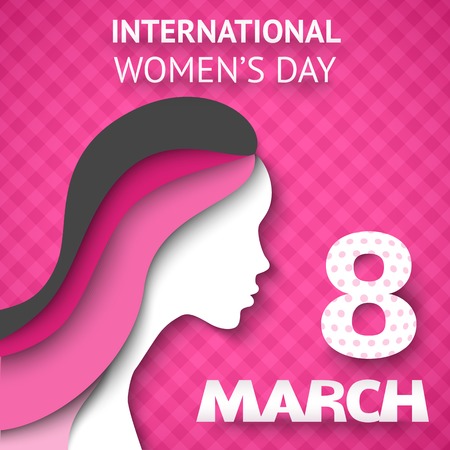Happy Women's Day greeting or gift card on pink checked background with women's silhouette cut out paper. Vector illustration for attractive beautiful holiday design. Colorful applique to 8 March.のイラスト素材