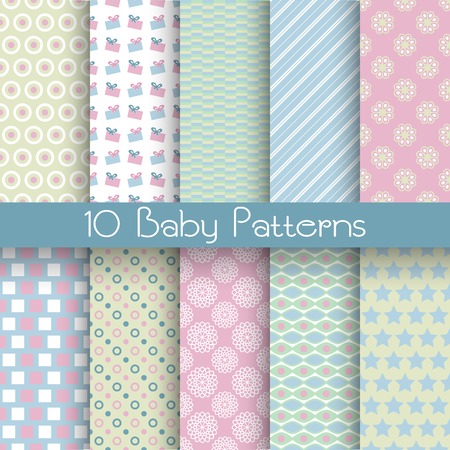 10 Baby pastel different vector seamless patterns (tiling). Endless texture can be used for wallpaper, pattern fills, web page background, surface textures. Set of monochrome geometric ornaments.のイラスト素材