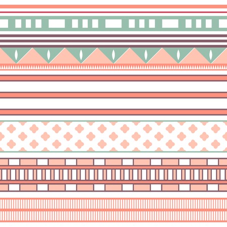 Tribal ethnic seamless stripe pattern. Vector illustration for your cute feminine romantic design. Aztec sign on white background. Pink, red and blue colors. Borders and frames.のイラスト素材