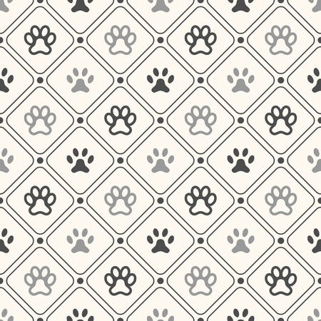 Seamless animal pattern of paw footprint in frame and polka dot. Endless texture can be used for printing onto fabric, web page background and paper or invitation. Dog style. White and black colors.のイラスト素材
