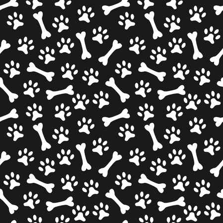 Animal seamless vector pattern of paw footprint and bone. Endless texture can be used for printing onto fabric, web page background and paper or invitation. Dog style. White and black colors.のイラスト素材