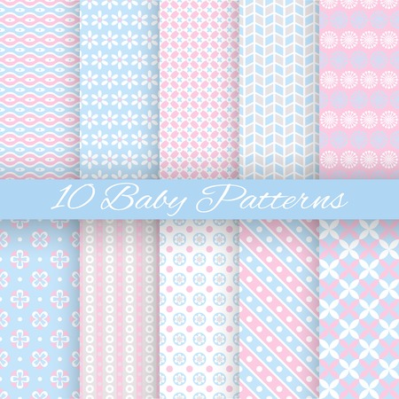 10 Baby pastel different vector seamless patterns (tiling). Endless texture can be used for wallpaper, pattern fills, web page background, surface textures. Set of monochrome geometric ornaments.のイラスト素材