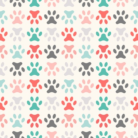 Animal seamless vector pattern of paw footprint. Endless texture can be used for printing onto fabric, web page background and paper or invitation. Polka dog style. Colorful.のイラスト素材