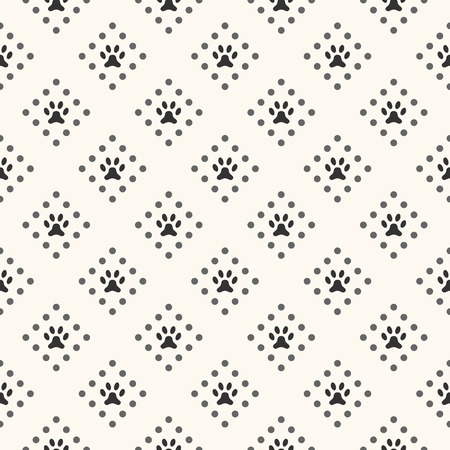 Seamless animal pattern of paw footprint and dot. Endless texture can be used for printing onto fabric, web page background and paper or invitation. Dog style. White and black colors.のイラスト素材