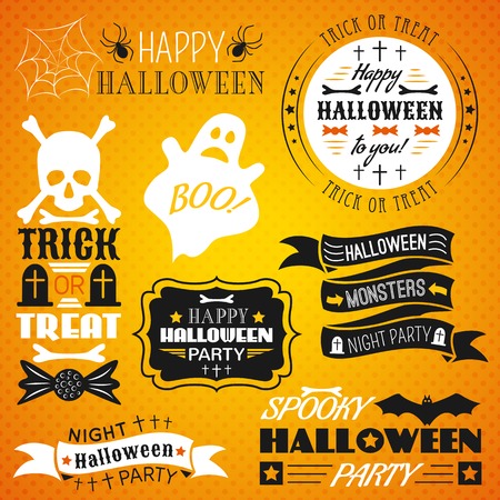 Halloween vintage set - labels, ribbons and other decorative elements  Vector illustration  Black, white, orange and yellow colors のイラスト素材