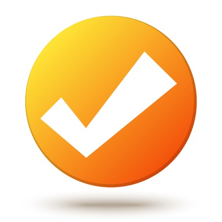 Orange vector circle shape internet button with check mark or tick and shadow isolated on white background. Confirmation acceptance positive passed voting agreement true. Web design elementのイラスト素材