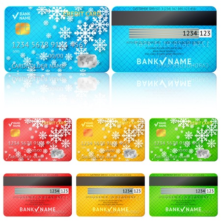 Set of realistic credit card two sides. Vector illustration for your business winter holiday design. With white snow flakes. Blue, red, green and yellow colors. New Year and Christmas theme.のイラスト素材