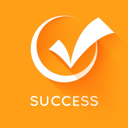 White vector check mark or tick in round box with shadow on orange background. Flat design style icon. Concept of success, proper selection, right choices, task completion, approval and confirmation.のイラスト素材