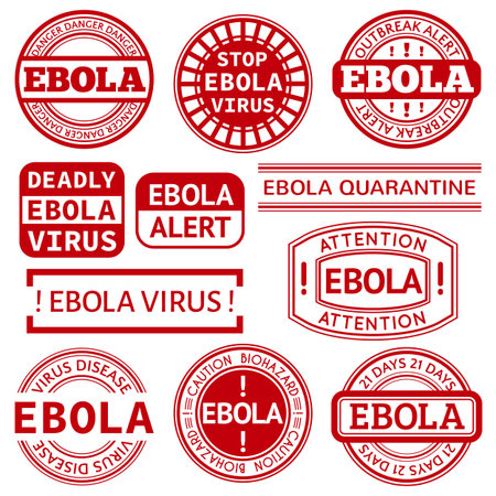Set of red stamp with Ebola concept text on white background. Vector illustration for warning informing about deadly virus disease.のイラスト素材