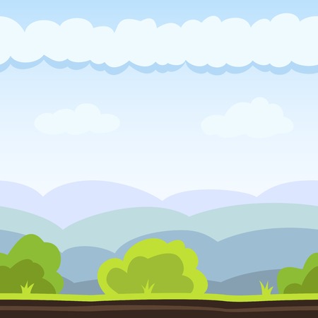 Nature background with hill, bush and cloud. Vector illustration for landscape design. Seamless tileable game background.のイラスト素材