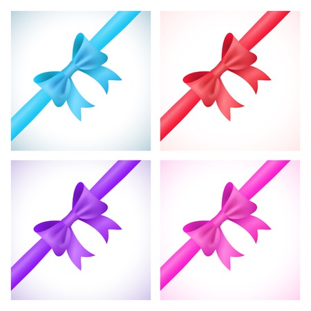 Set of shiny bow and ribbon on white background. Vector illustration for your holiday gift design. Blue, red, purple and pink colors.のイラスト素材