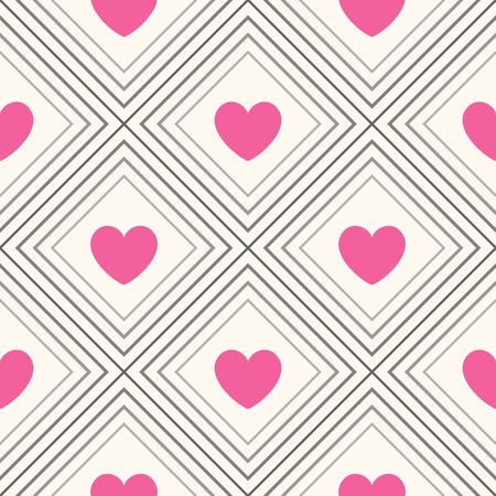 Seamless geometric pattern with hearts. Vector illustration for romantic design. Endless texture for printing onto fabric, web page background and paper or invitation. White, pink and black colors.のイラスト素材