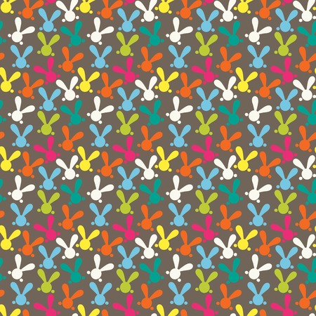Colorful seamless pattern with easter bunny. Vector illustration for funny holiday design. Background for post or greeting card. Cute wallpaper with rabbits. White, orange, yellow, red, green colors.のイラスト素材