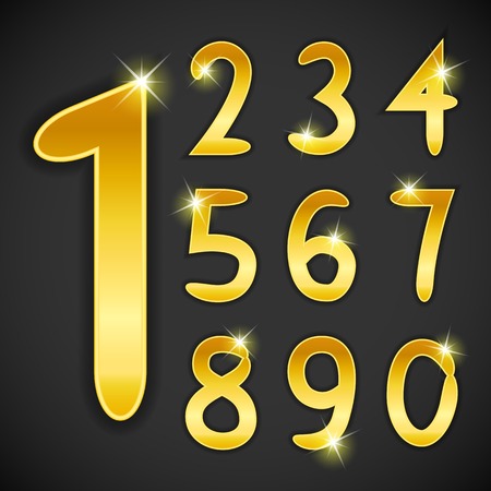 Numbers set in golden style on black background. Vector illustration bright design. For party poster, greeting card, banner or invitation. Cute numerical icons and signs.のイラスト素材