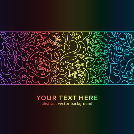 Abstract spectrum floral ornamental border on black background. Vector illustration for your bright fashion night design. With place for text. Book cover. Shiny grunge wallpaper.のイラスト素材