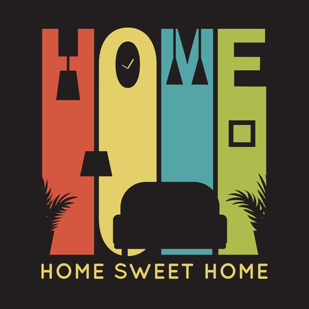 Home card with apartment icons, t-shirt graphics on black background. Vector illustration for your business presentation. Banner of simple bright symbols of family values.のイラスト素材