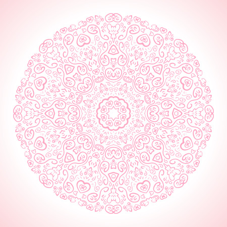 Beautiful pink ornamental background. Vector illustration for your romantic fashion design. Fond fine greeting card, round postcard with floral ornaments, excellent element for menu and invitation.のイラスト素材