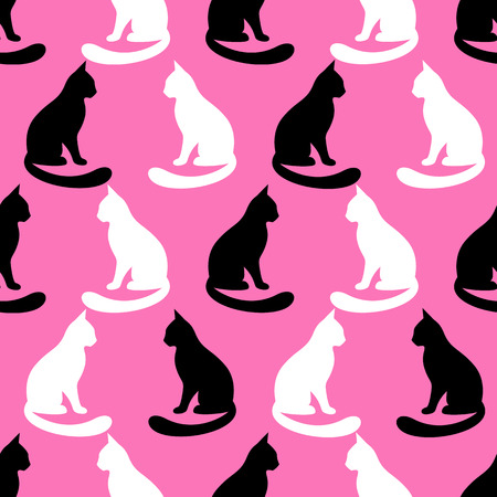 Animal seamless vector pattern of cat silhouettes. Endless texture can be used for printing onto fabric, web page background and paper or invitation. Kitten style. Black, pink and white colors.のイラスト素材