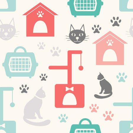 Animal seamless vector pattern of cat silhouettes with home, carrying. Endless texture for printing onto fabric, web page background and paper or invitation. Shabby colorful illustration.のイラスト素材