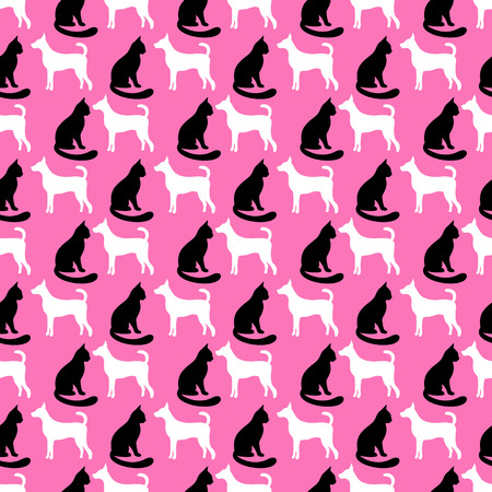 Animal seamless vector pattern of cat and dog silhouettes. Endless texture can be used for printing onto fabric, web page background and paper or invitation. Kitten style. Black, pink and white colors.のイラスト素材