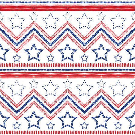 Tribal ethnic patriotic red, blue seamless pattern on white background. Vector illustration for American symbol design. USA flag. Texture wallpaper. Star, stripe and zig zag shapes. Hand drawn style.のイラスト素材