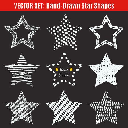Set of hand-drawn textures star shapes.  Vector illustration for stellar cool design. Frame for Insignia. Whute star isolated on black background.のイラスト素材