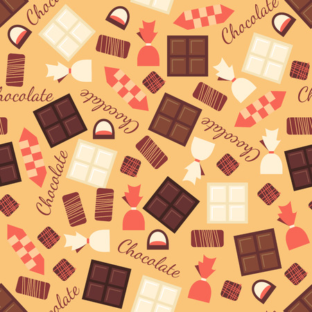 Seamless pattern with black, milk and white chocolate bars and candies. Abstract background with tasty gourmet items. Can be used for wallpaper and wrapping paper. Vector design illustration.のイラスト素材
