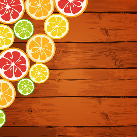 Lemon, lime, orange and grapefruit on wooden background.のイラスト素材