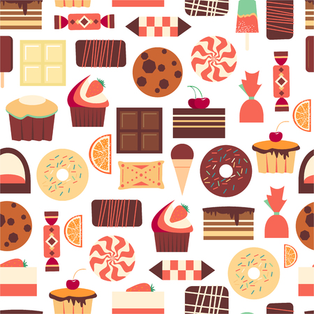 Seamless pattern with sweet dessert objects. Abstract background with tasty gourmet items. For wallpaper and wrapping paper. Food vector design illustration. Retro confectionery. Pastry.のイラスト素材