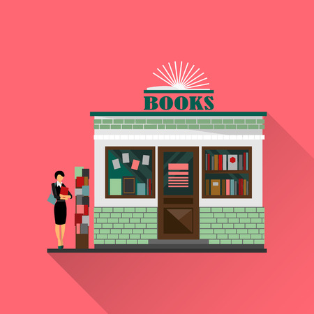 Vector bookstore mall. Books shop building. Woman silhouette with a book. A lot of books in a shop window. Library. Education market. Cute architecture facade. Vector flat style illustration. Boutiqueのイラスト素材