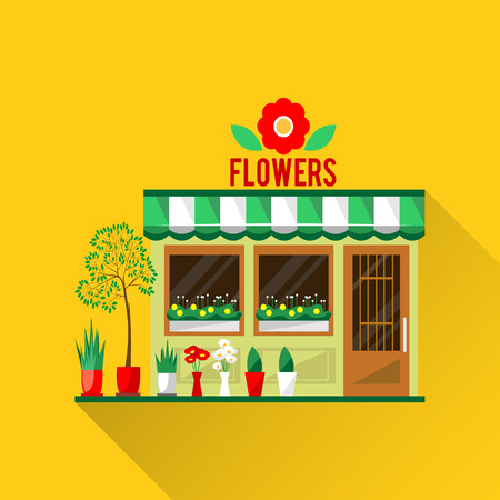 Illustration of a flowers shop. Little cute retro house and store, shop or boutique with green awning. Floral boutique. Consumer flowerpot. Vector flat style icon. Florist shop. Cute plantsのイラスト素材