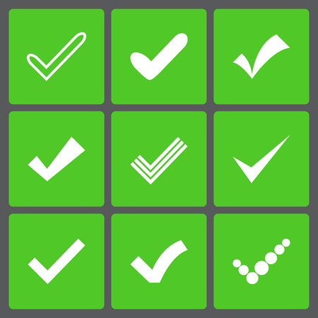 Set of different retro vector check marks or ticks. Confirmation acceptance positive passed voting agreement true or completion of tasks on a list. White and green colors.のイラスト素材
