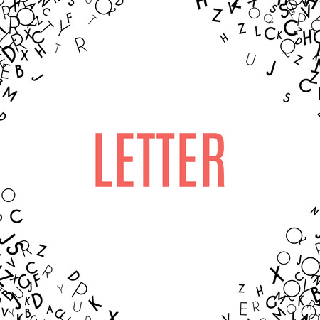 Abstract black alphabet ornament frame isolated on white background. Vector illustration for education writing design. Random letters flying in corners. Alphabet book concept for grammar schoolのイラスト素材