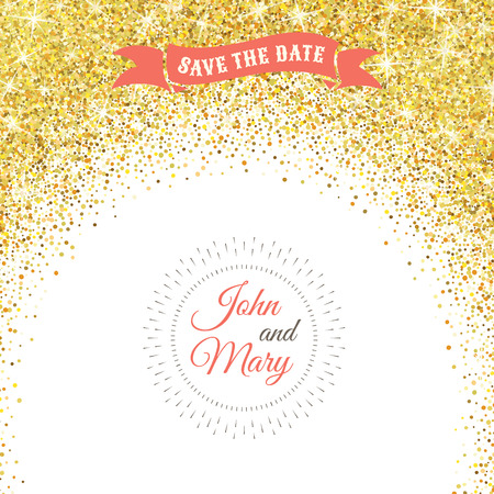 Perfect wedding template with golden confetti theme. Ideal for Save The Date, baby shower, mothers day, valentines day, birthday cards, invitations.のイラスト素材