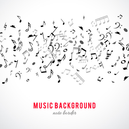 Abstract musical frame and border with black notes on white background. Vector Illustration for music design. Modern pop  concept art melody banner. Sound key decoration with music symbol sign.のイラスト素材