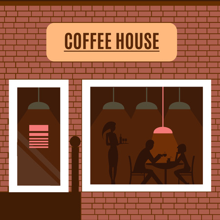 Restaurant or cafe illustration in flat style. Isometric dinner building  with waitress and menu board standing nearby. Desserts, drinks, ice-cream. Vector pub icon isolated on white backgroundのイラスト素材