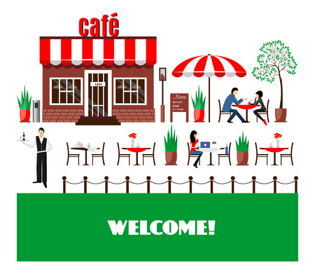 Restaurant or cafe illustration in flat style. Isometric  dinner building  with waitress and menu board standing nearby. Desserts, drinks, ice-cream. Vector icon isolated on white backgroundのイラスト素材